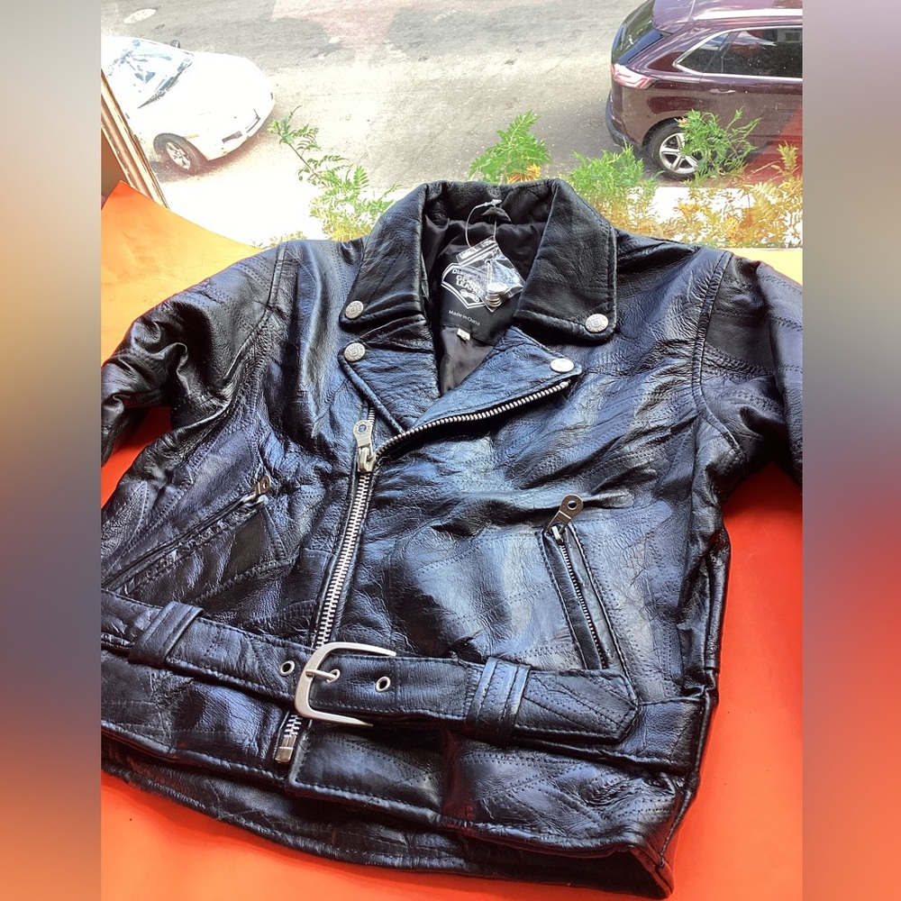 Vintage 90s NWT Diamond Plate leather motorcycle jacket for kids.
